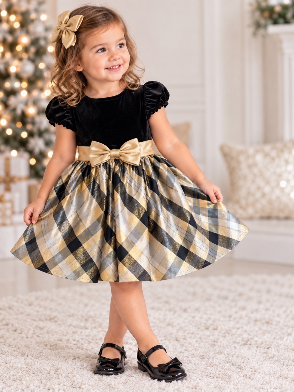 Bonnie Jean Girls 2T Black Velvet Gold Plaid Holiday Party Dress